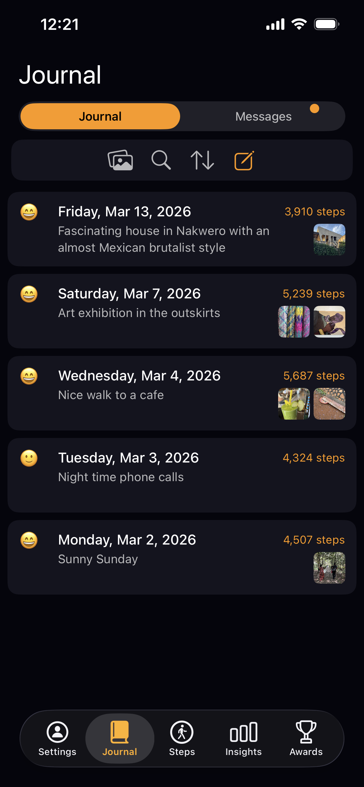 StepGoals walking journal entries list on iPhone showing mood, step count, and date for each entry