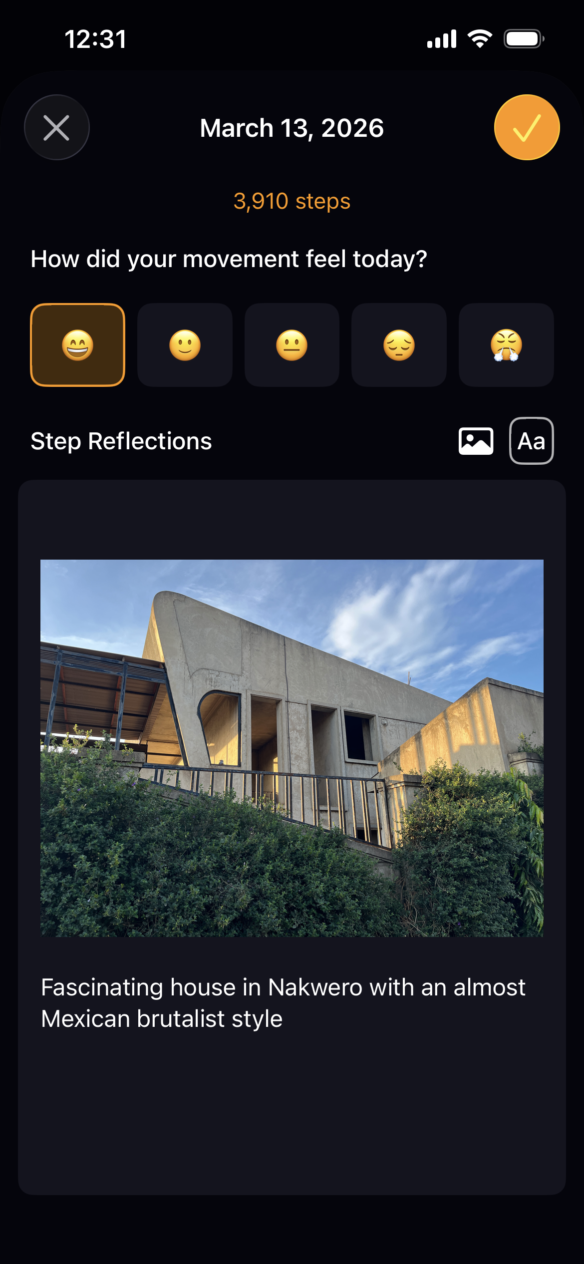 StepGoals journal entry on iPhone showing a photo, mood, and written note alongside the day's step count