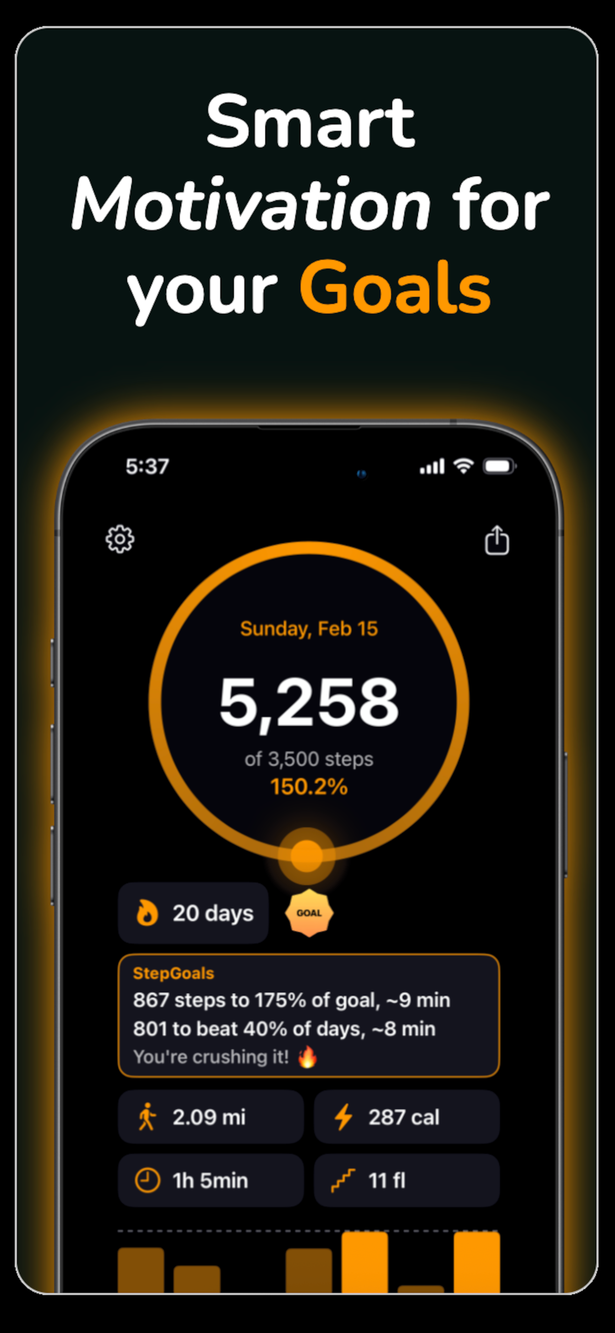 StepGoals iPhone step tracking app main screen showing step count, motivation targets, and streak