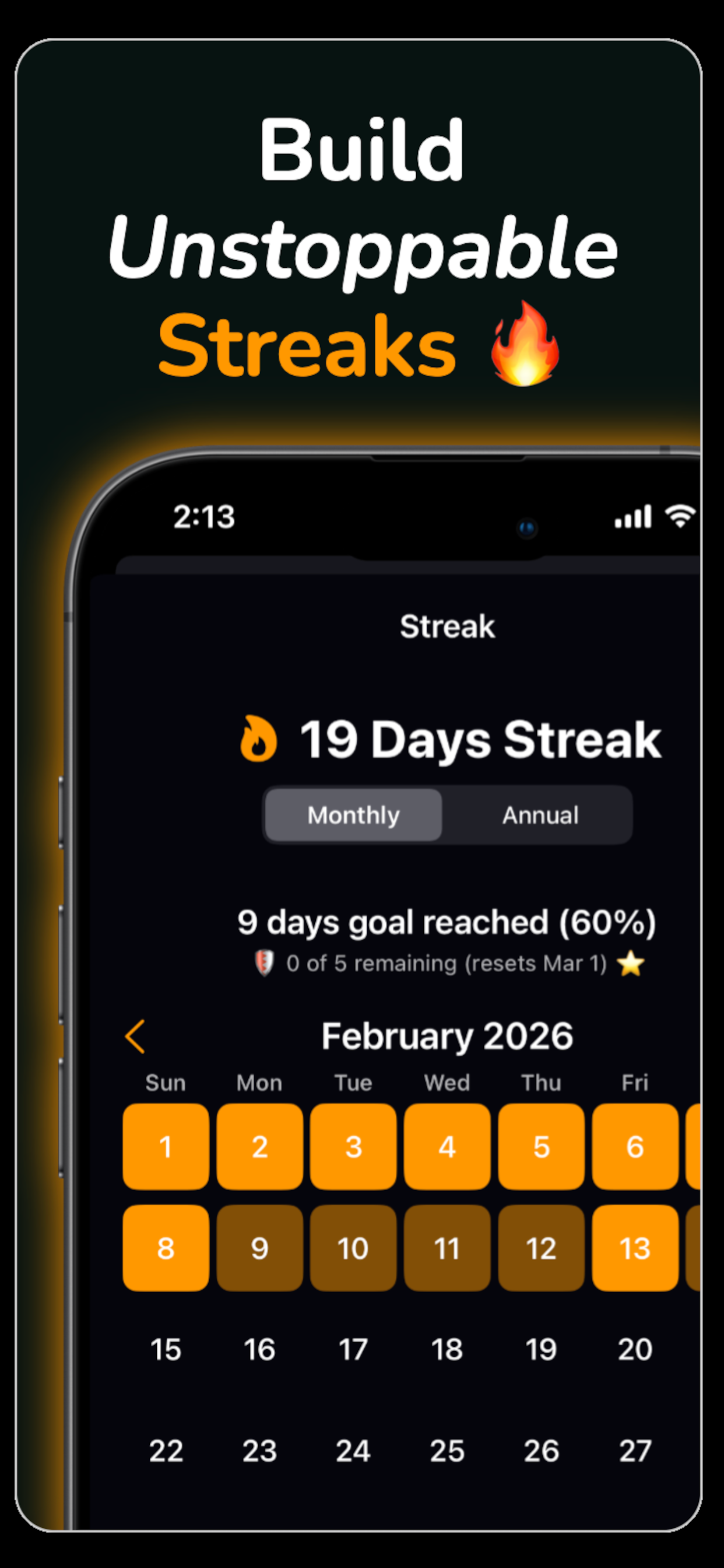 StepGoals streak calendar showing consecutive days completed