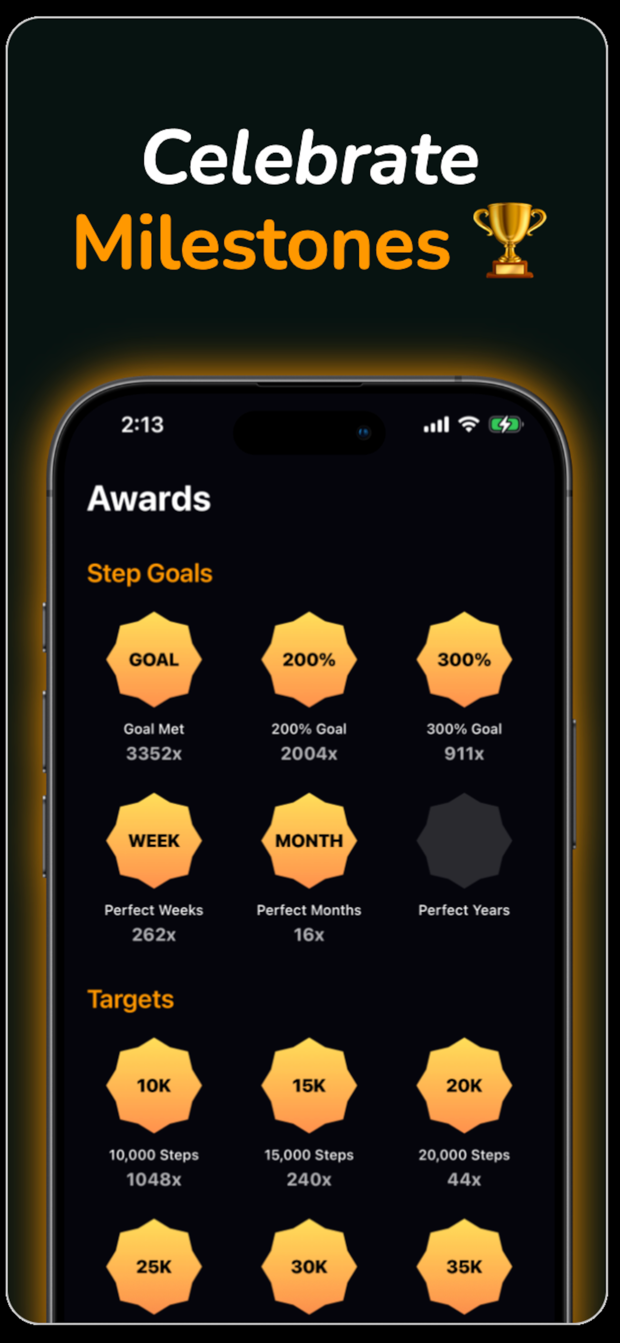 StepGoals awards screen showing earned badges and milestones