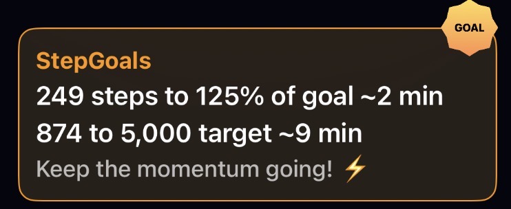 StepGoals iPhone step tracking app Motivation Box showing live step targets and a motivational message