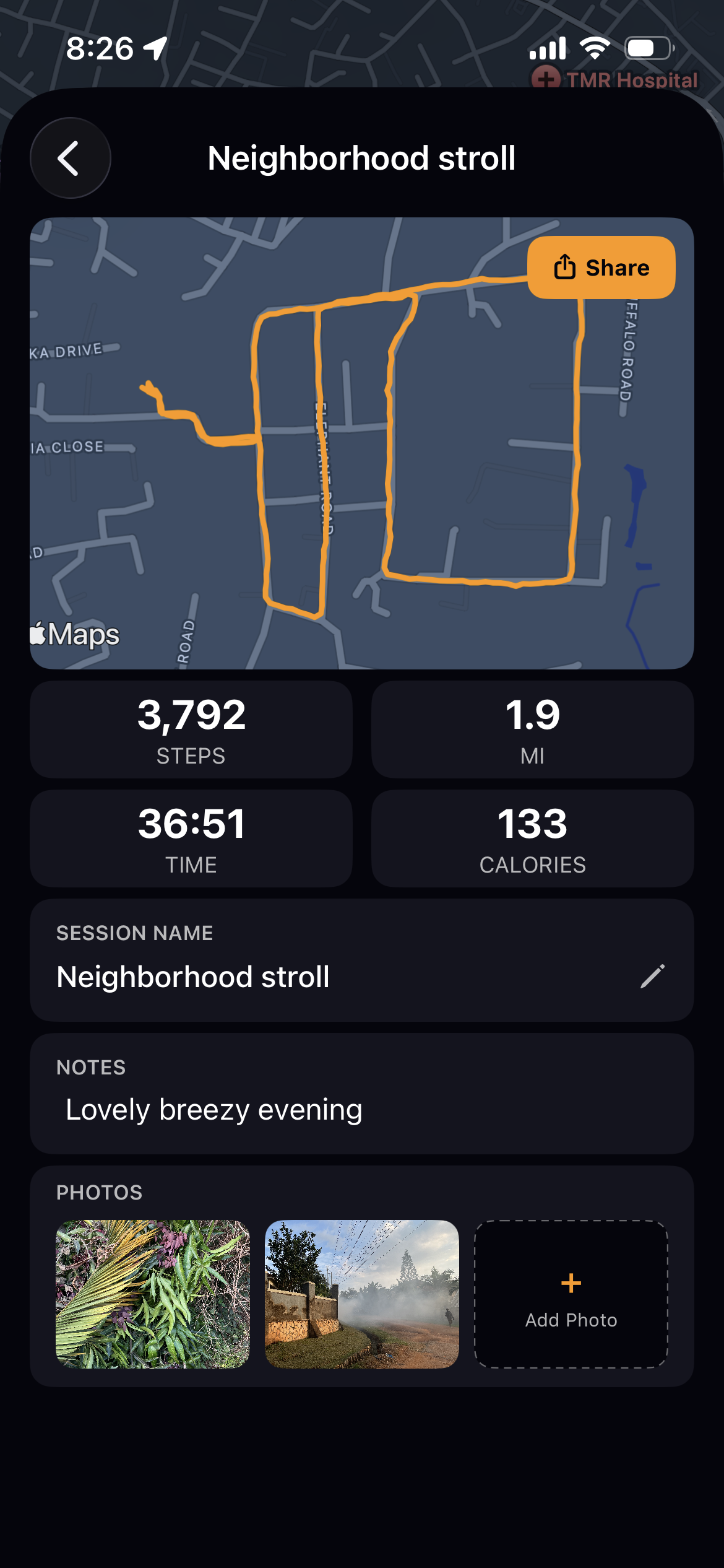 StepGoals saved session showing GPS route, step count, distance, time, calories, notes and photos