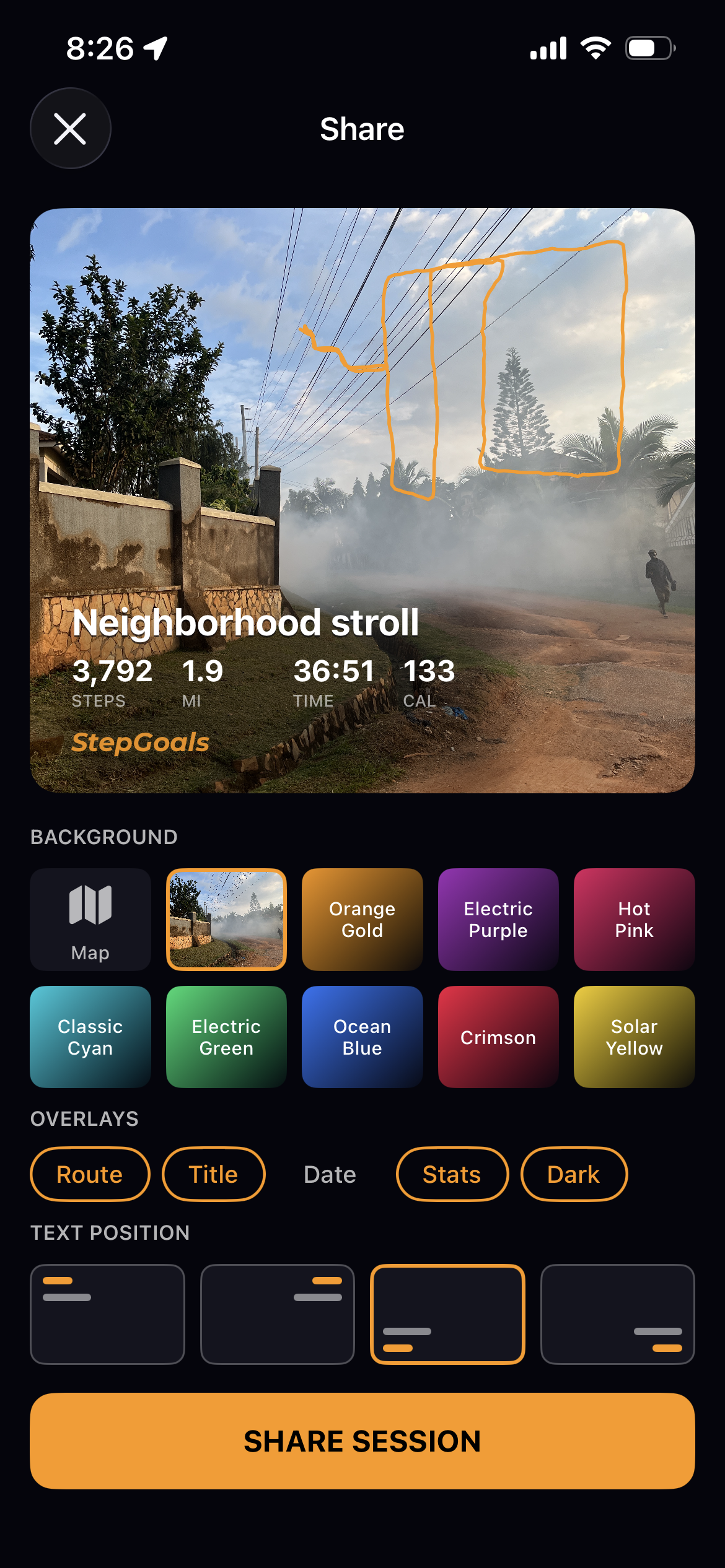 StepGoals session share screen with background options, overlays, and customizable share card