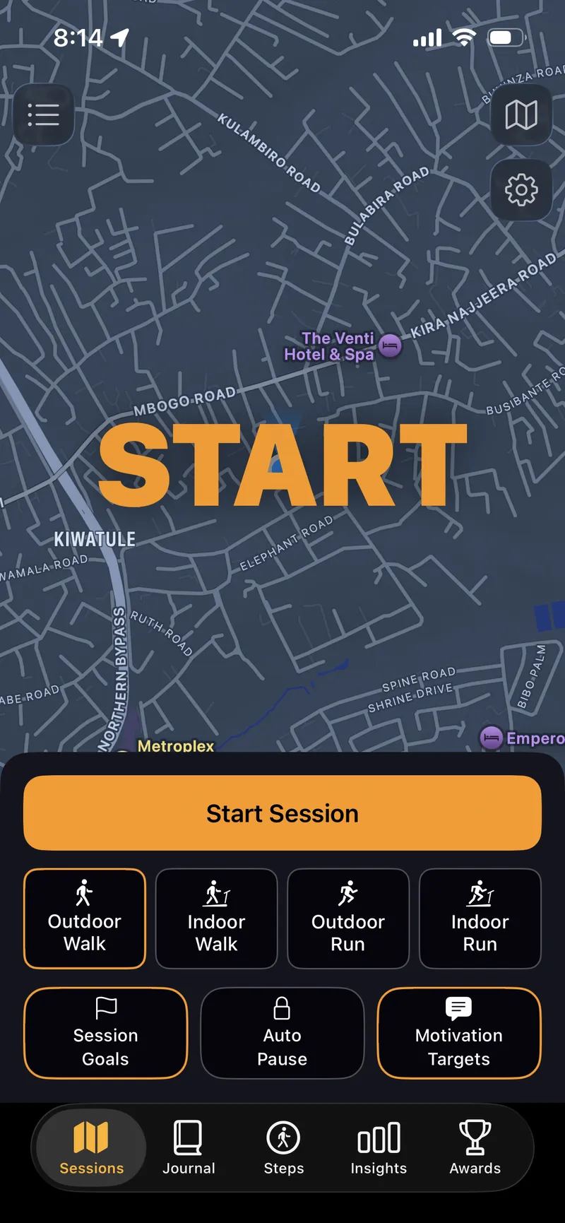 StepGoals GPS session tracking screen