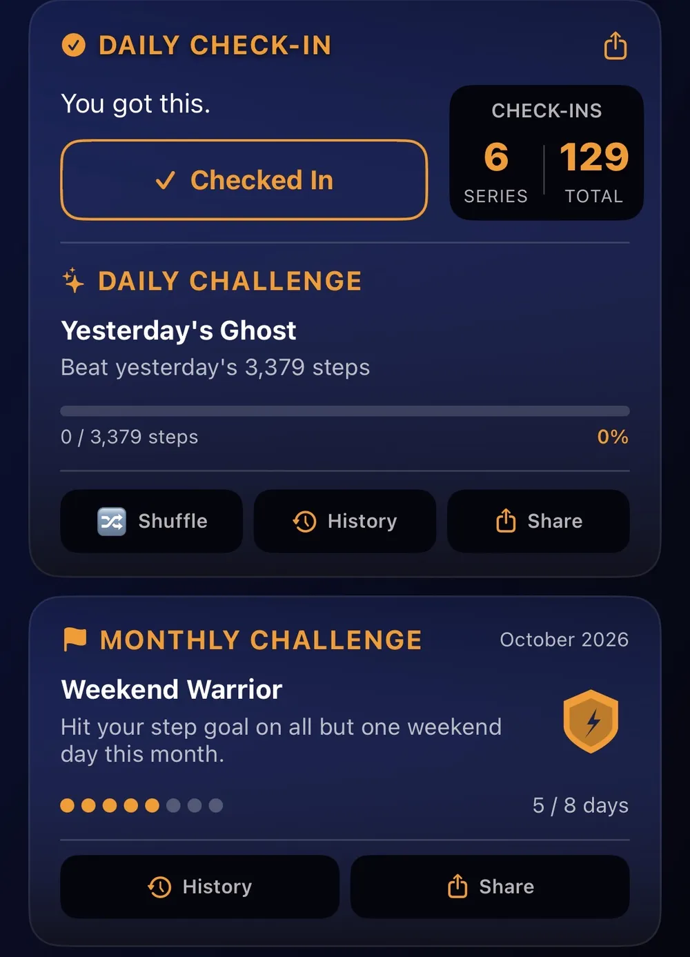 StepGoals Daily Challenge and Monthly Challenge cards with shuffle, history and share buttons