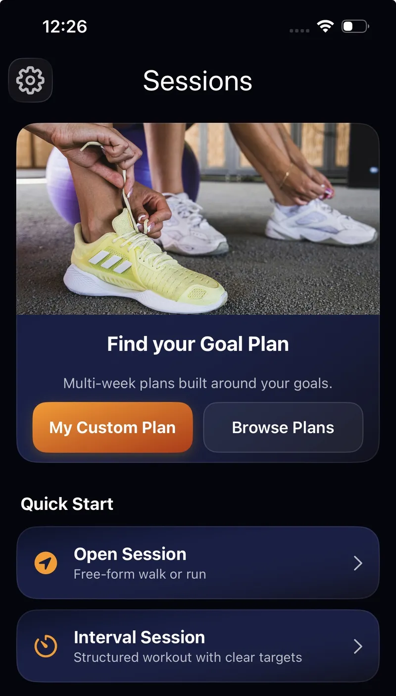 StepGoals Sessions tab with Goal Plan options, open sessions and interval sessions