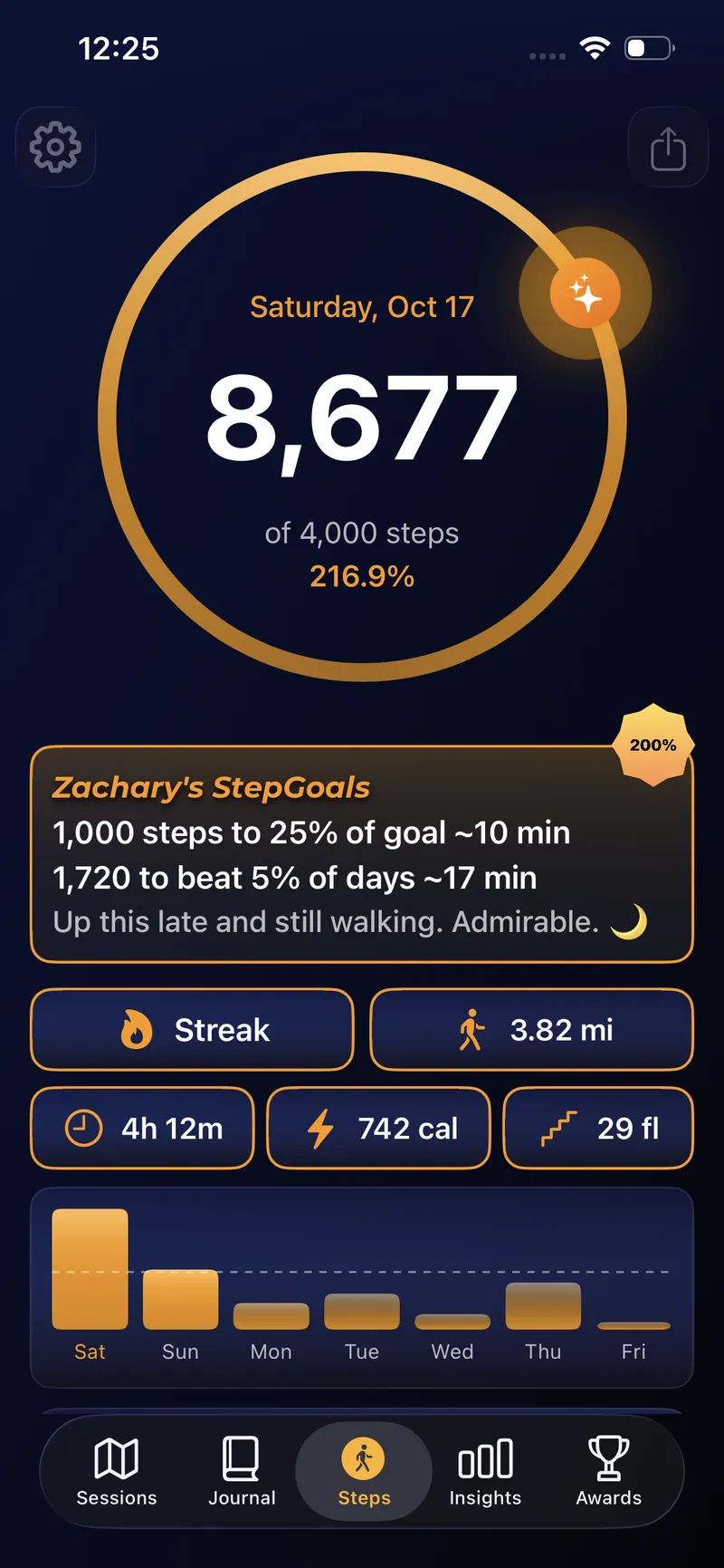 StepGoals iPhone step counter showing daily progress ring, Motivation Box targets and streak