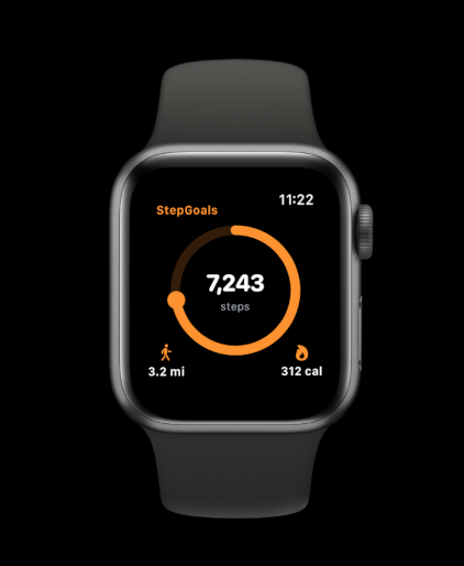 StepGoals Apple Watch app showing step count, distance, and calories